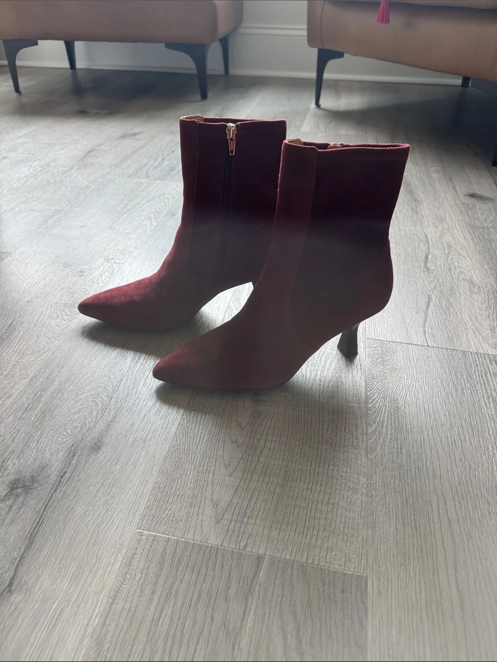 Madewell Pointed-Toe Burgundy Suede Ankle Booties with Side Zip